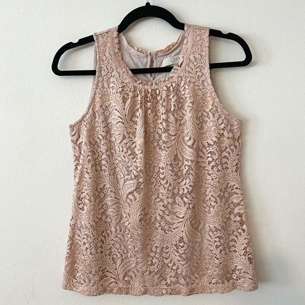 LOFT Flowy Dusty-Rose Floral Lace Lined Sleeveless Blouse Key Hole Back XSP